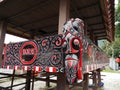 Typical decoration of traditional wooden houses in Lake Toba, Pulau Samosir. Indonesia