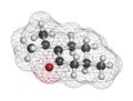 Pulegone molecule. 3D rendering. Atoms are represented as spheres with conventional color coding: hydrogen (white), carbon (grey