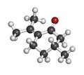 Pulegone molecule. 3D rendering. Atoms are represented as spheres with conventional color coding: hydrogen (white), carbon (grey