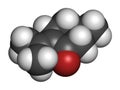 Pulegone molecule. 3D rendering. Atoms are represented as spheres with conventional color coding: hydrogen (white), carbon (grey