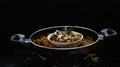 Puliyogare rice in the cooking pan with bowl, yellow color indian rice