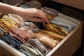 pull-out chest shelf,woman\'s hand puts things in organized neat way,reducing excessive consumption