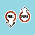 Pull push door signs. Black with red round frame. Royalty Free Stock Photo