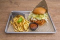 Pulled Chicken Burger with Lettuce, Pickled Pickles with Brioche Bread, Lime Wedge, BBQ Sauce,