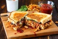 pulled chicken on panini press, generous serving of bourbon bbq sauce