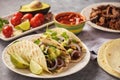 Pulled porc carnitas with avocado and red onion on tortillas. mexican food. Royalty Free Stock Photo