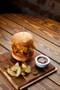 Pulled pork BBQ burger with tomatoes and jalapeno selected focus Royalty Free Stock Photo