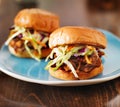 Pulled pork with bbq sauce on a blue plate Royalty Free Stock Photo