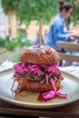 Pulled pork burger with red cabbage Royalty Free Stock Photo