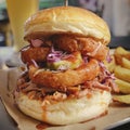 Pulled Pork Burger served with thickly cut beefsteak fries. Royalty Free Stock Photo