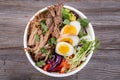 Pulled pork loaded ramen bowl dish