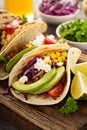 Pulled pork tacos with red cabbage and avocados Royalty Free Stock Photo