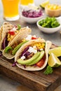 Pulled pork tacos with red cabbage and avocados Royalty Free Stock Photo