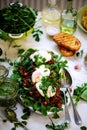 Pulled pork and vegy hash arugula chmichurri. selective focus Royalty Free Stock Photo
