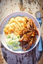 Pulled, seasoned pork, with mashed fried potatoes and cucumber and sour cream salad