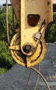 pulley from heavy machinery crane in the construction of road junction in Moscow. Royalty Free Stock Photo