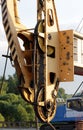 pulley from heavy machinery crane in the construction of road junction in Moscow. Royalty Free Stock Photo