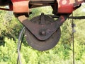 pulley from heavy machinery - Machine to hammer the piles in the construction road junction in Moscow. Royalty Free Stock Photo