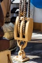 Pulley with ropes on sailing vessel Royalty Free Stock Photo