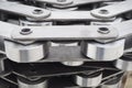 Pulling block conveyor chain close-up. Technology of mechanical engineering