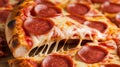 Pulling a Slice of Cheesy Pepperoni Pizza With Crusty Crust Royalty Free Stock Photo