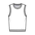 Pullover vest sweater waistcoat technical fashion illustration with sleeveless, rib knit round neckline, oversized body.