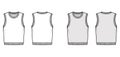 Pullover vest sweater waistcoat technical fashion illustration with sleeveless, rib knit round neckline, oversized body.