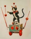 Pulp cover, a cat driving a robot, white background, two red sticks