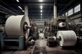 pulp and paper factory, with endless rows of rolling machines producing rolls of paper