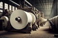 pulp and paper factory, with endless rows of rolling machines producing rolls of paper