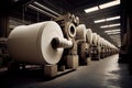 pulp and paper factory, with endless rows of rolling machines producing rolls of paper