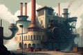 pulp and paper factory, with steam billowing from the kettle retorts and machines in full production