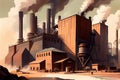 pulp and paper factory, with steam billowing from the kettle retorts and machines in full production