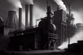 pulp and paper factory, with steam billowing from the kettle retorts and machines in full production