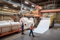 pulp and paper processing plant, with workers loading carts with freshly made sheets of paper