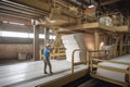 pulp and paper processing plant, with workers loading carts with freshly made sheets of paper