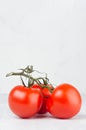 Pulpy red tomatoes on branch in light soft white modern kitchen interior with copy space, vertical, closeup. Royalty Free Stock Photo