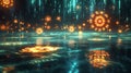 Pulsating Holographic Data Streams in Digital Landscape with Luminous Techno Organic Symbols