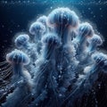 Pulsating jellyfish tentacles under water, close up, photoreal