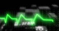 Pulsating neon green ECG-style waveform hovering over dark grid, with cubes and binary digits Royalty Free Stock Photo