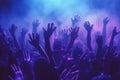 Pulsating nightclub, where hands are raised high, colorful lights create a mesmerizing spectacle. Ai generated