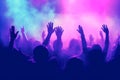 Pulsating nightclub, where hands are raised high, colorful lights create a mesmerizing spectacle. Ai generated