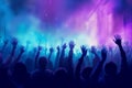 Pulsating nightclub, where hands are raised high, colorful lights create a mesmerizing spectacle. Ai generated