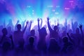 Pulsating nightclub, where hands are raised high, colorful lights create a mesmerizing spectacle. Ai generated