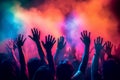 Pulsating nightclub, where hands are raised high, colorful lights create a mesmerizing spectacle. Ai generated