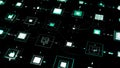 Pulsating squares on black background. Animation. Electronic squares pulsate with connected lines on black background