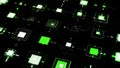 Pulsating squares on black background. Animation. Electronic squares pulsate with connected lines on black background