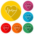 Pulse Life cardiogram heart icon or logo, color set with long shadow
