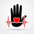 Pulse line and heart on the palm. Charity symbol.