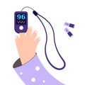 Pulse oximeter on finger. Digital device to measure oxygen saturation. Vector Royalty Free Stock Photo